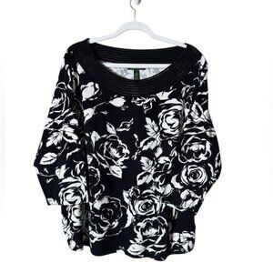 Ralph Lauren LRL Womens Floral Blouse Top Size 3X Old Money Crochet Black White